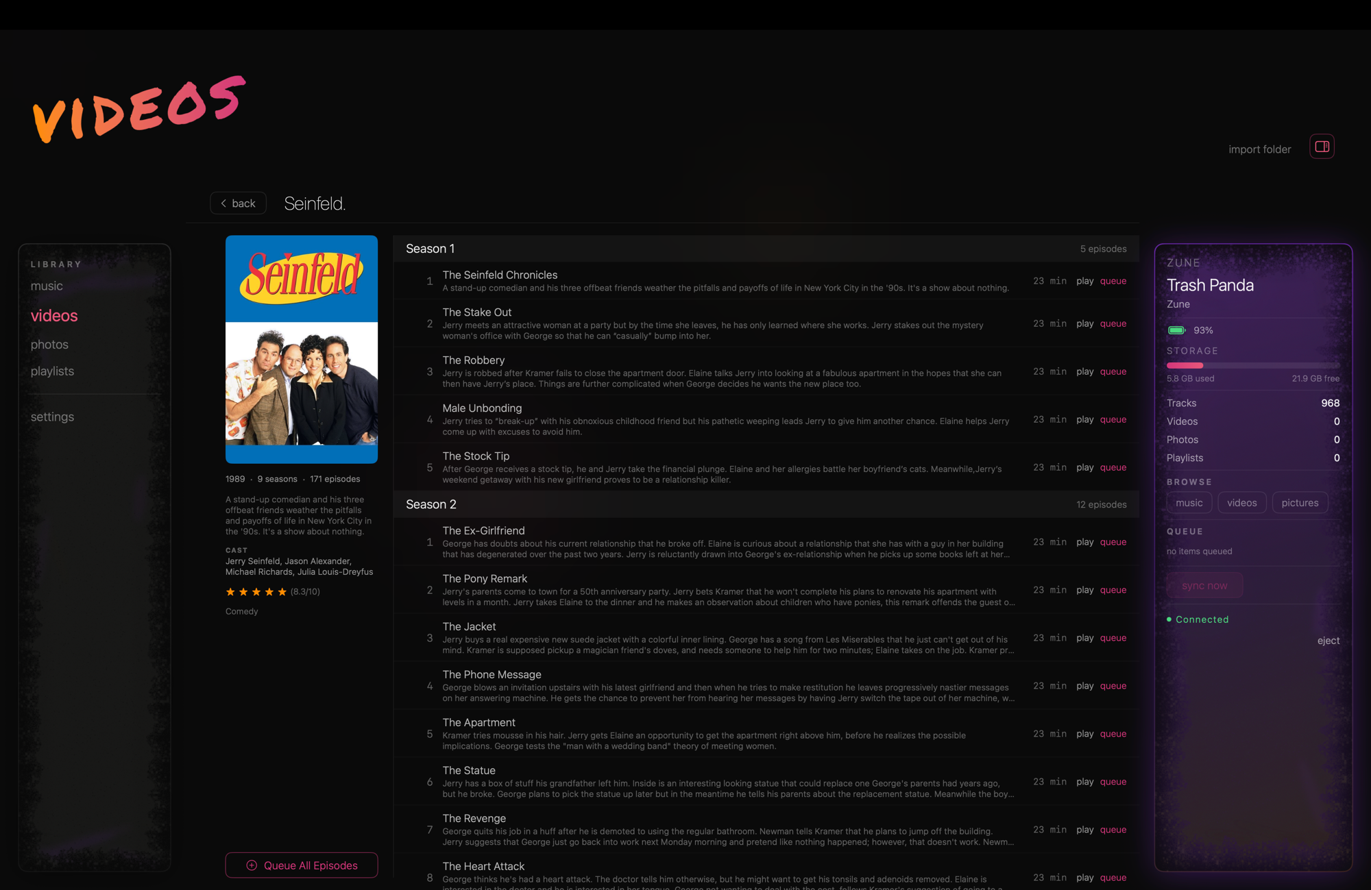 Zuuned video browser showing Cyberpunk Edgerunners episodes with sync controls