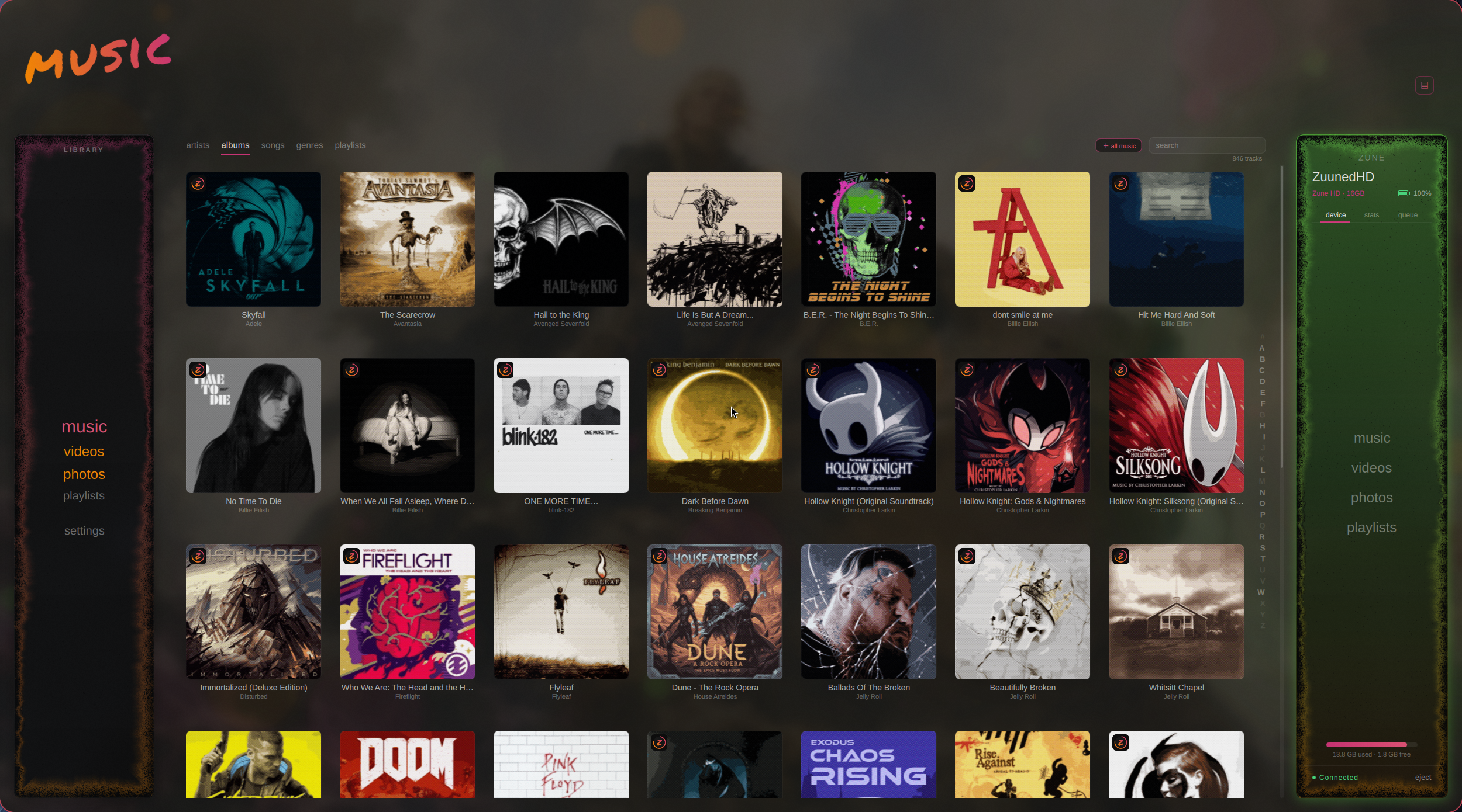 Album browsing with artwork and a connected Zune HD